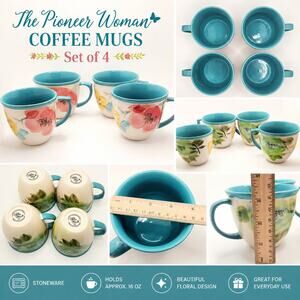 The Pioneer Woman Floral Coffee Mugs Set of 4 Turquoise Blue Stoneware 4"